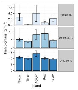Figure 7. Mean fish biomass per size class (± standard error) at sites surveyed in the southern islands. Fish measured by total length (TL) in centimeters (cm).